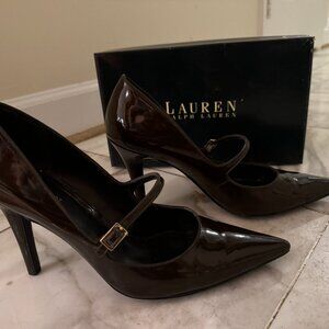 Ralph Lauren Dark Brown Patent Leather Mary Jane Style Pointed-Toe Heels, sz 10B